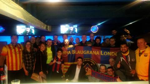 Penya Blaugrana London celebrates Champions League win against Arsenal