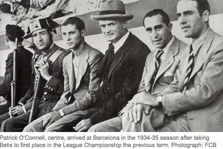 Patrick O'Connell, center,, manager of FC Barcelona during 1935-40
